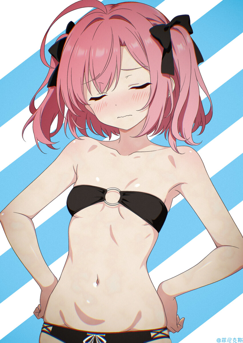 1girl absurdres azur lane bikini black bikini black bow blush bow breasts closed eyes commentary request cross-laced bikini cross-laced clothes embar…