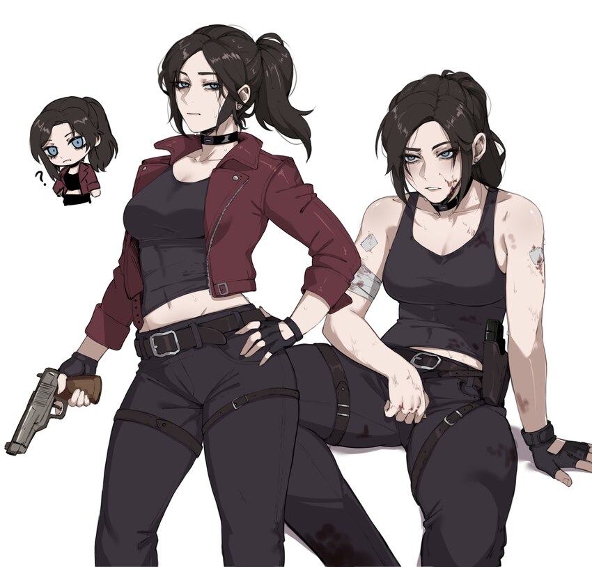 1girl ? absurdres bandages bare shoulders belt black gloves blue eyes breasts chibi claire redfield commentary english commentary fingerless gloves g…