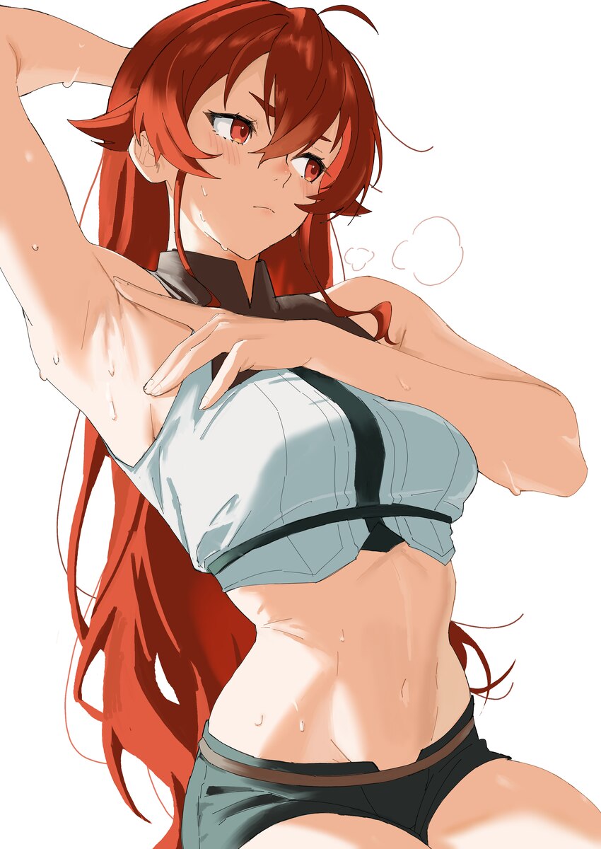 1girl absurdres ahoge arm up armpits bare shoulders blush breasts closed mouth collared shirt commentary request crop top crossed bangs eris greyrat …