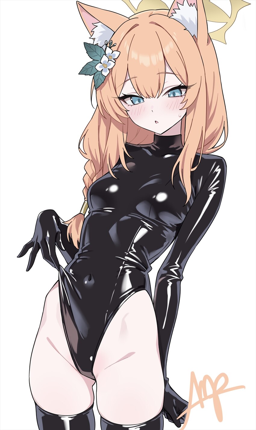 1girl animal ear fluff animal ears ass visible through thighs black leotard blue archive breasts cat ears cat girl commentary cosplay flower gloved s…