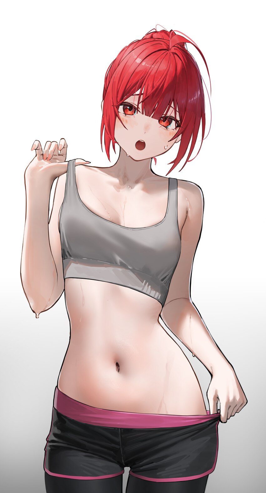 1girl absurdres black leggings black shorts breasts clothes pull commentary english commentary grey background grey sports bra highres leggings looki…