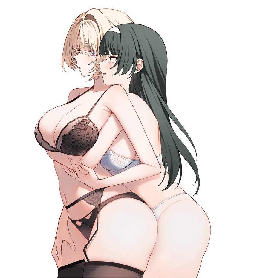 2girls astra yao black bra black garter belt black hair black panties black thighhighs blonde hair blush bra breasts commentary english commentary ev…