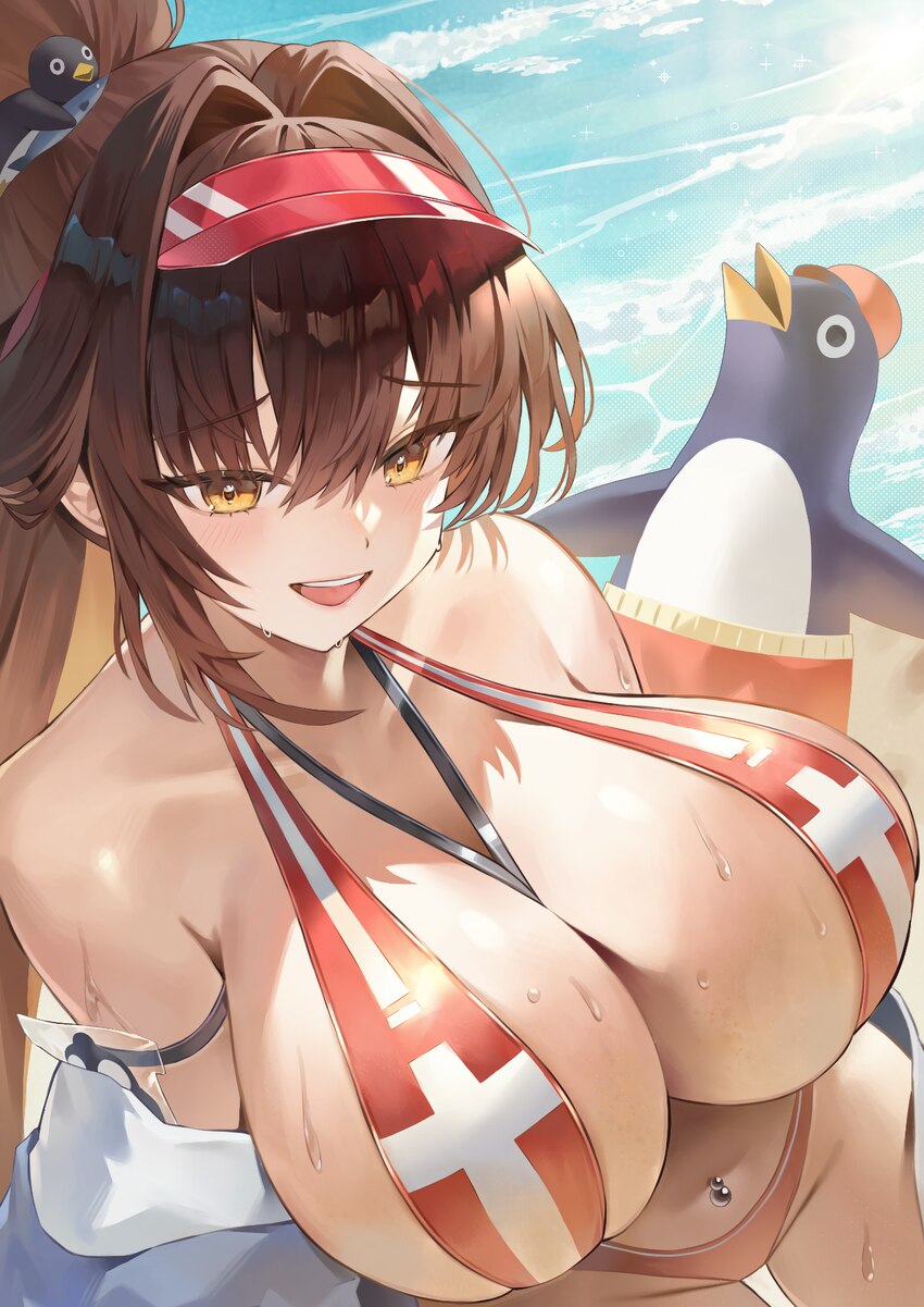 1girl blush breasts brown eyes brown hair cleavage commentary request full cleavage goddess of victory  nikke greenapple hair intakes hair ornament h…