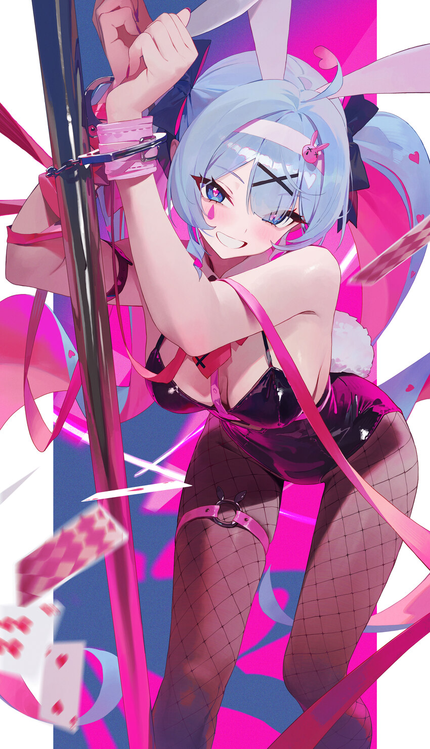 1girl absurdres animal ear hairband animal ears bare shoulders black leotard blue eyes blue hair blush bound bound wrists breasts card commentary cuf…