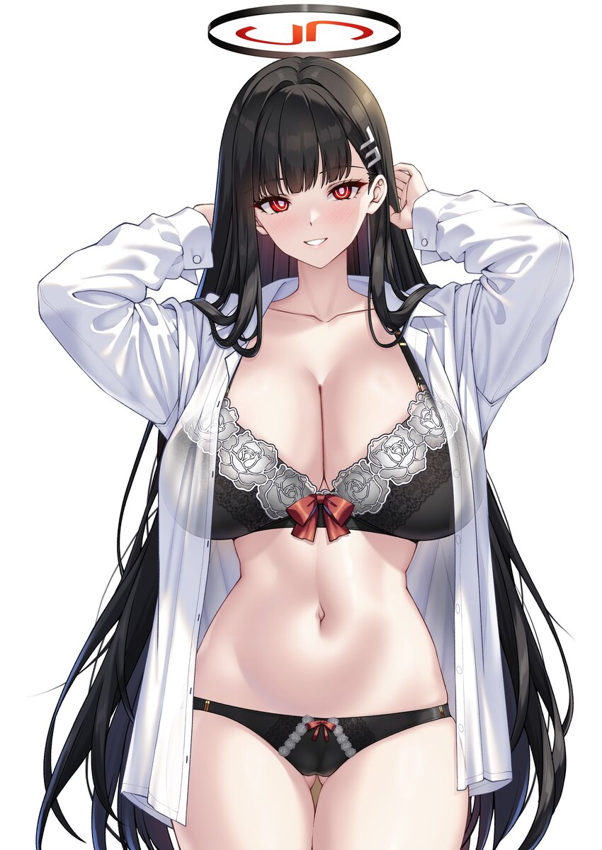 1girl alternate costume arms up ass visible through thighs black bra black hair black panties blue archive blush borrowed clothes bow bow bra bow pan…