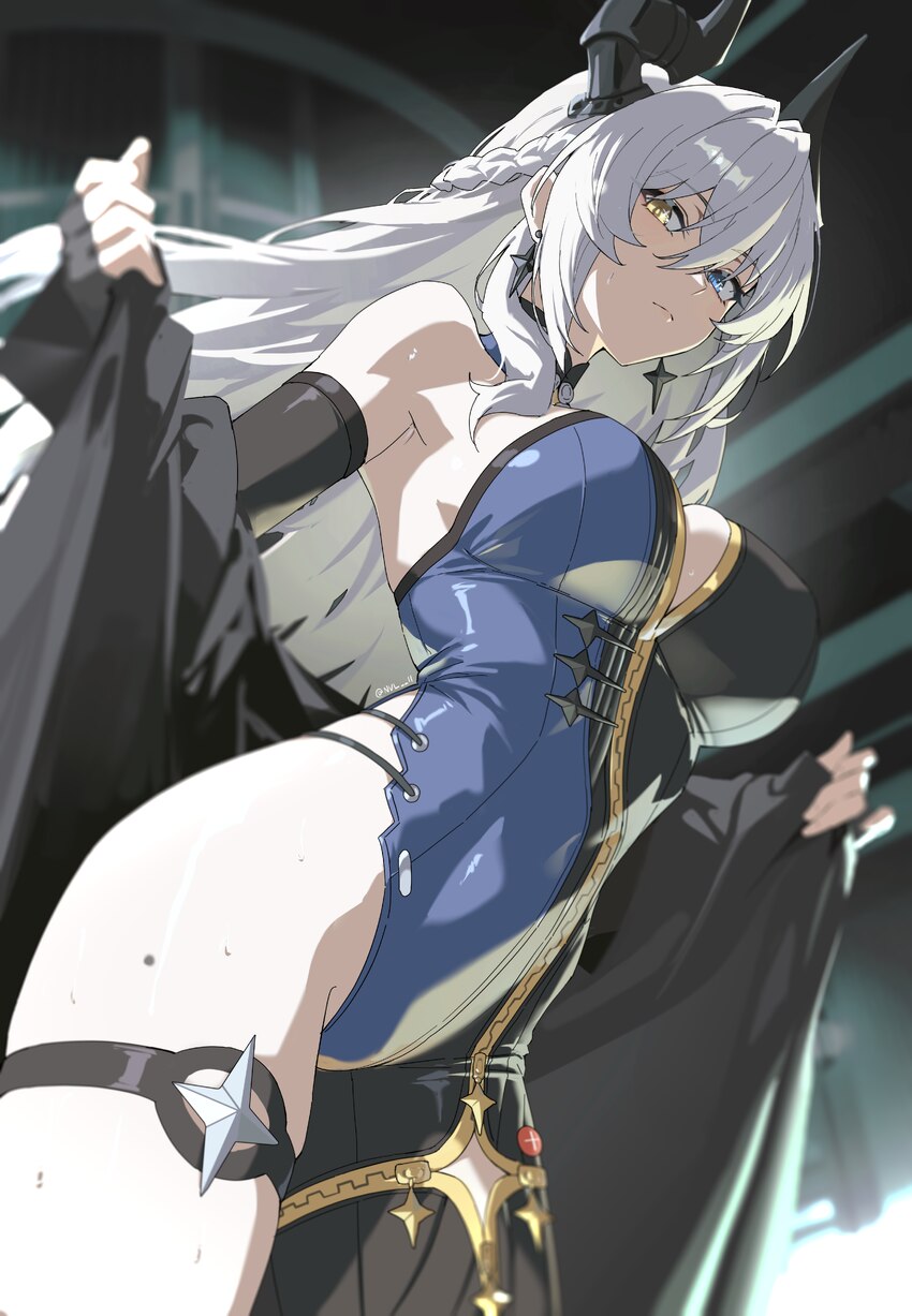 1girl absurdres bare shoulders black coat black gloves black horns blue eyes blue leotard blurry blurry background braid breasts closed mouth coat co…