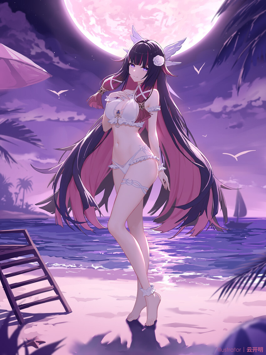 1girl alternate breast size (larger) alternate costume barefoot beach bikini breasts closed mouth cloud cloudy sky colored inner hair columbina (gens…