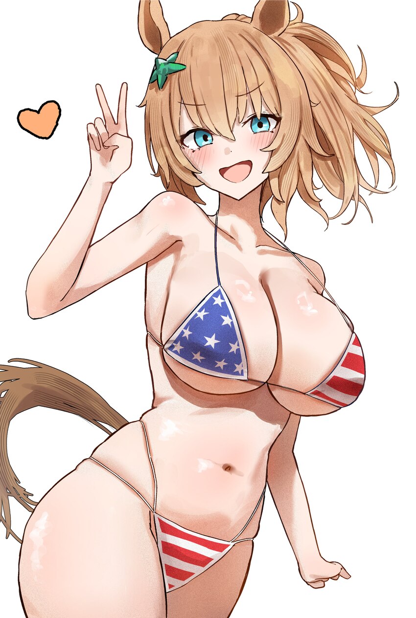 1girl absurdres alternate costume american flag american flag bikini american flag print animal ears bad id bad twitter id bare shoulders bikini blue…