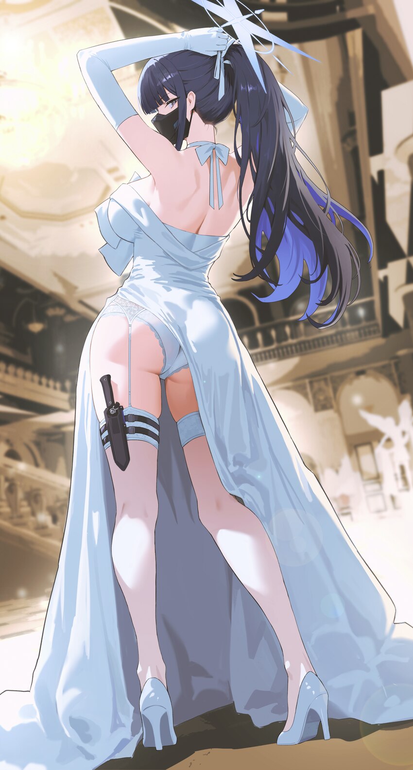 1girl absurdres achilles tendon adjusting hair ankle arms behind head ass bare shoulders black hair black mask blue archive blue hair blue halo breas…