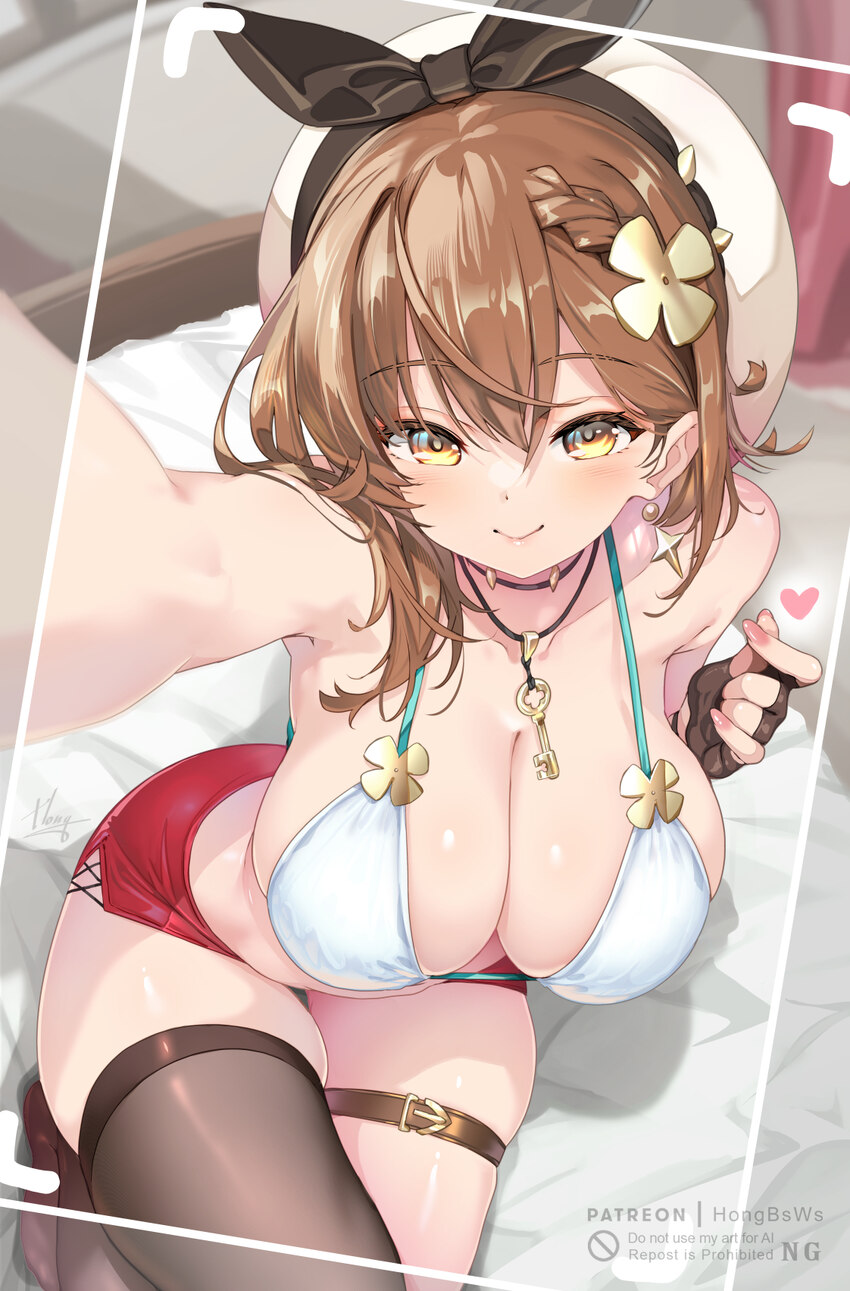 1girl atelier (series) atelier ryza atelier ryza 2 bare shoulders beret bikini black ribbon blush braid breasts brown eyes brown gloves brown hair br…