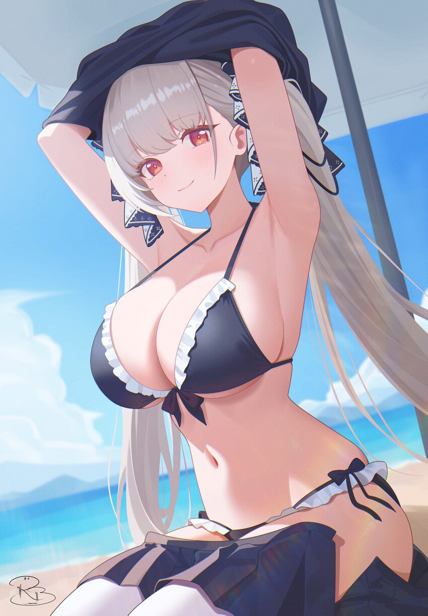 1girl absurdres armpits arms up azur lane beach beach umbrella bikini black bikini black skirt blue sky blush breasts cleavage closed mouth cloud clo…