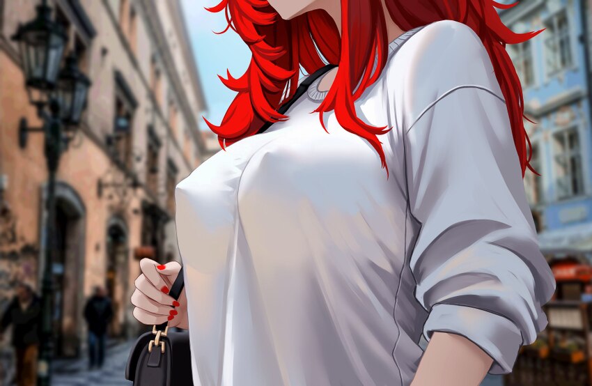 1girl bag blurry blurry background breasts commentary covered nipples head out of frame highres large breasts long hair original red hair red nails s…