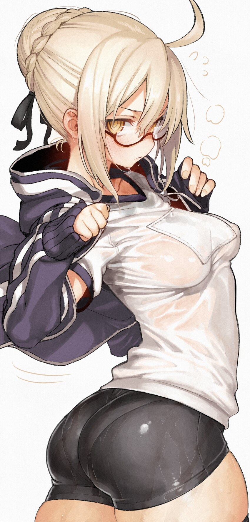 1girl absurdres ahoge artoria pendragon (fate) ass bike shorts black jacket blonde hair blush braid braided base braided bun breasts commentary fate/…