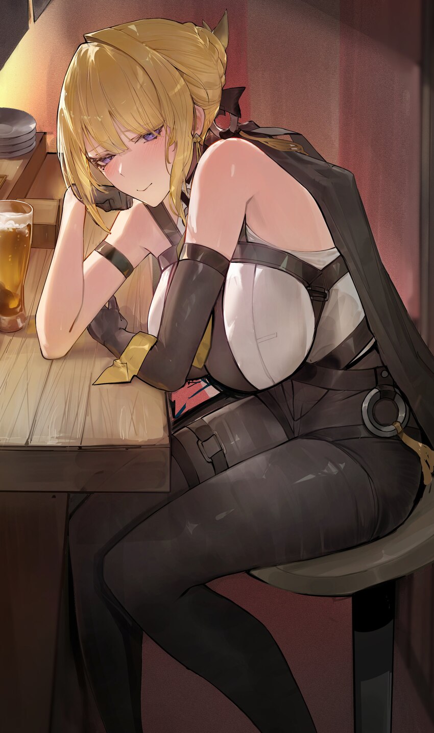 1girl absurdres alcohol arm strap beer black gloves black pants blonde hair blush breasts chest harness commentary elbow gloves english commentary ev…