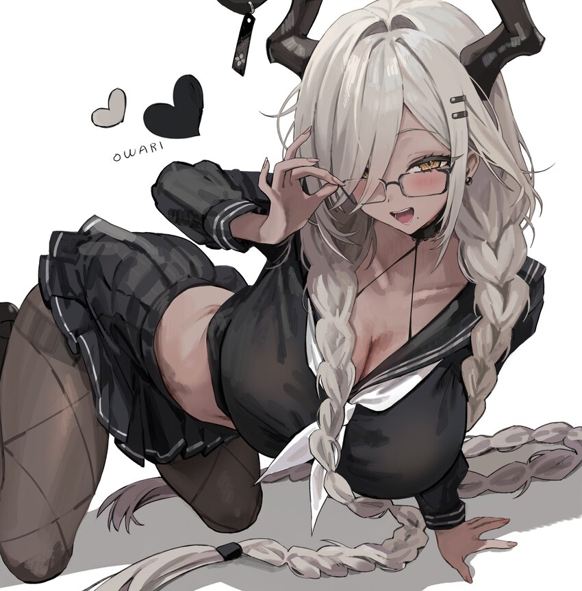 1girl  d absurdres alternate costume arm support azur lane black-framed eyewear black horns black pantyhose black serafuku black skirt breasts brown …