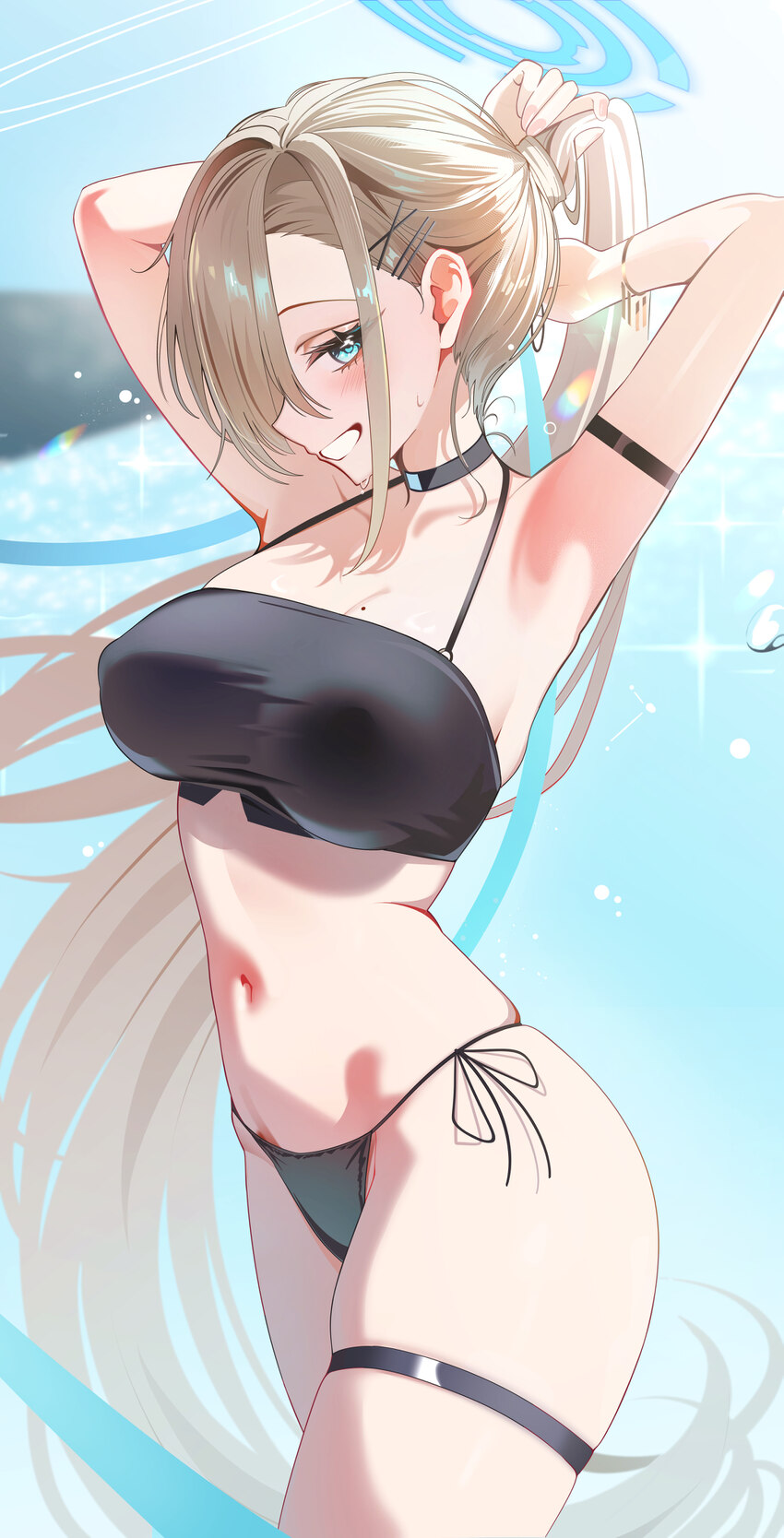 1girl absurdres adjusting hair alternate costume alternate hairstyle armpits arms behind head arms up asuna (blue archive) bikini black bikini black …