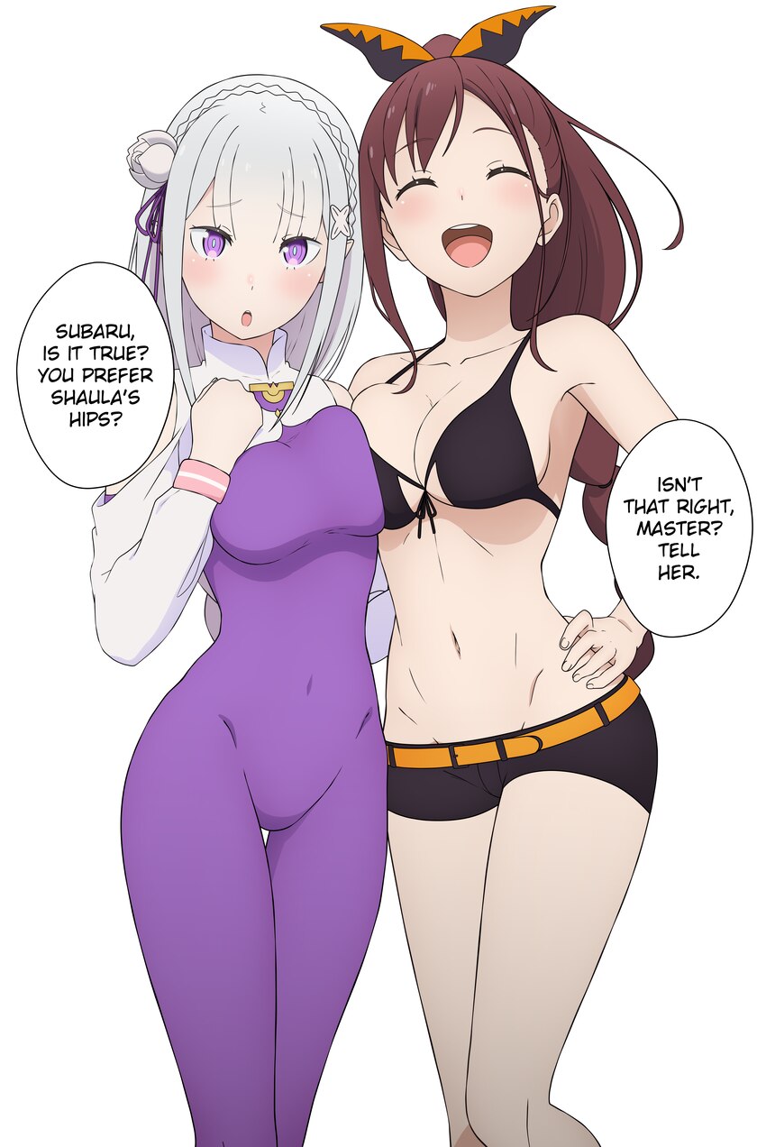 2girls absurdres anime coloring bare shoulders belt bikini black bikini black ribbon black shorts blush bodysuit braid breasts brown hair closed eyes…