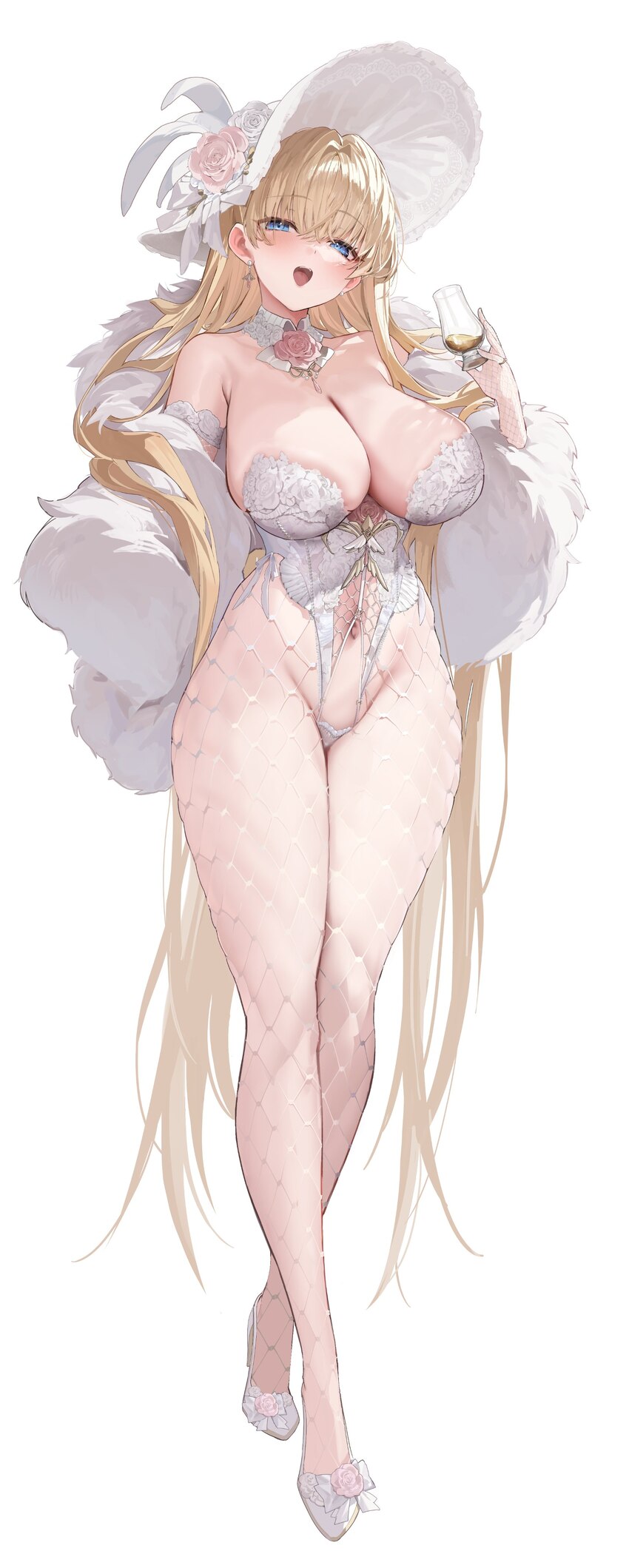 1girl absurdres armpit crease blonde hair blue eyes blush breasts cleavage commentary cup curvy detached collar drinking glass earrings elbow gloves …