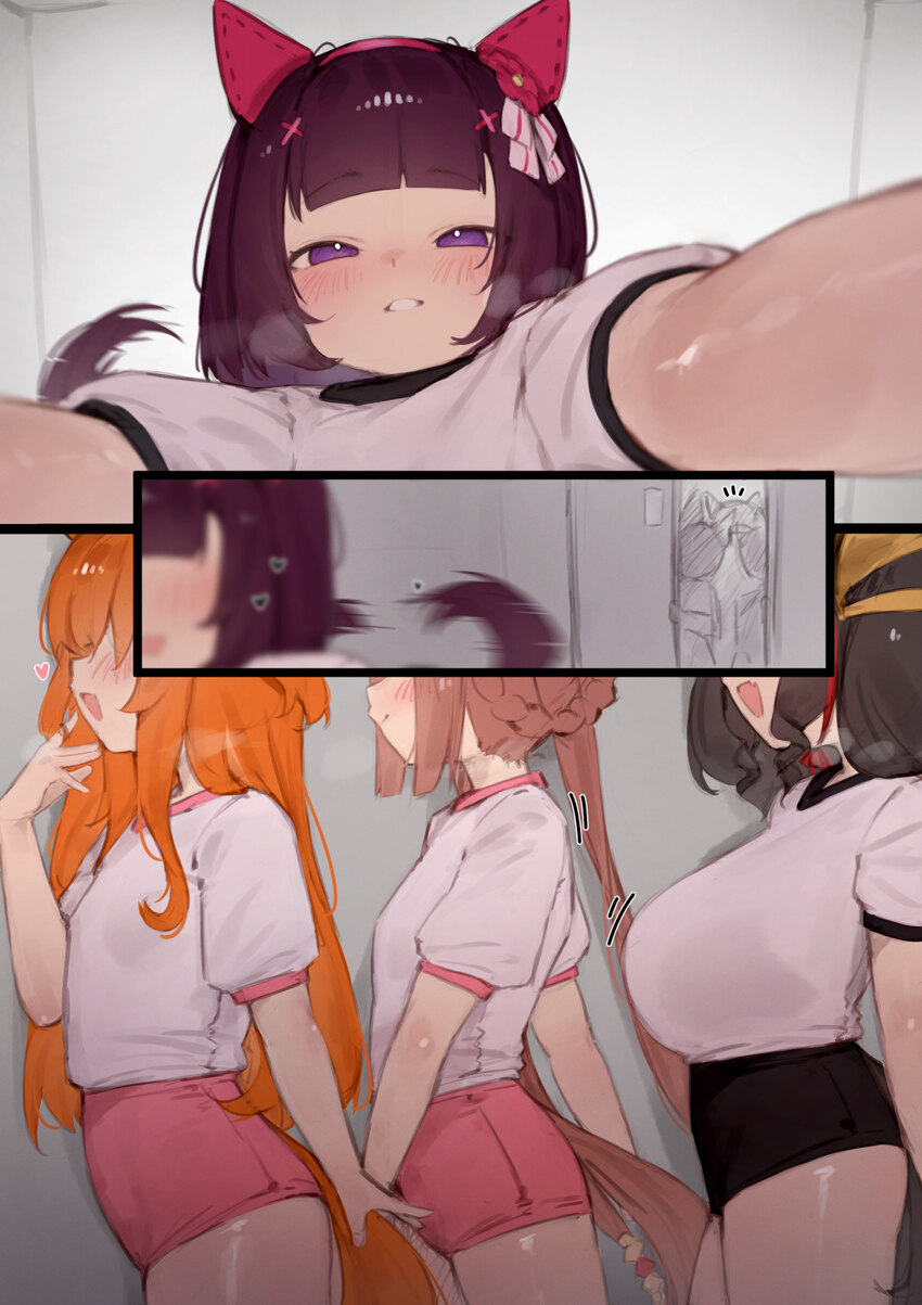 4girls black buruma black hair blush bra visible through clothes braid braided hair rings breasts brown hair buruma closed mouth comic ear covers gym…