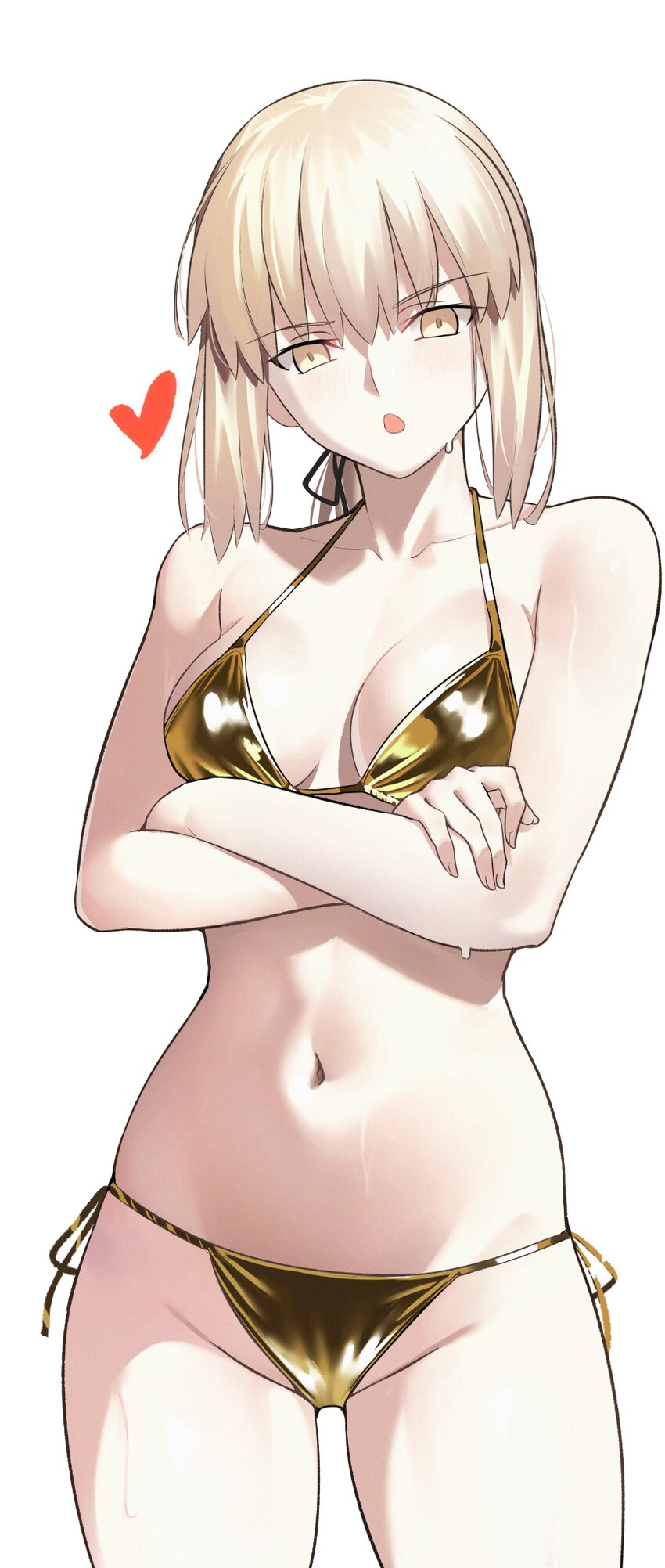 1girl absurdres alternate costume artoria pendragon (fate) bikini blonde hair braid braided base braided bun breasts bun with braided base cleavage c…