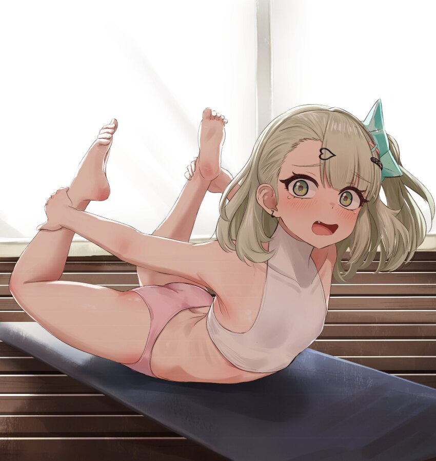 1girl ass breasts embarrassed english commentary exercising flexible hair ornament hairclip highres legs looking at viewer mockingeu multiple haircli…
