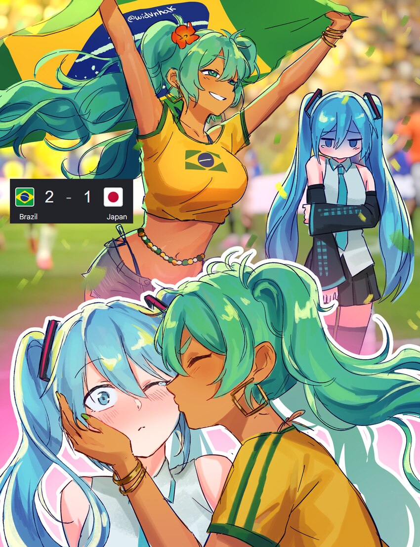 2026 fifa world cup 2girls absurdres alternate breast size (larger) aqua eyes aqua hair bare shoulders blue eyes blue hair blush brazilian flag brazi…