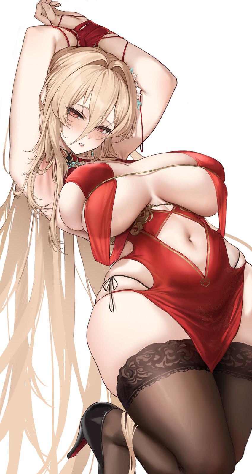 1girl absurdres azur lane bare shoulders bdsm black thighhighs blonde hair bondage bound bound wrists breast curtains breasts chinese clothes chinese…