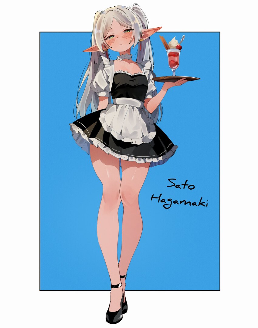 1girl alternate costume apron arm behind back artist name black dress black shoes blue background blush border commentary dress earrings elf english …