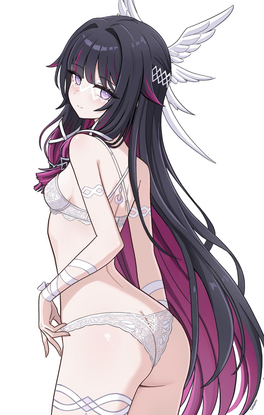 1girl absurdres ass black hair blush bra breasts colored inner hair columbina (genshin impact) commentary cowboy shot eye mask from behind genshin im…