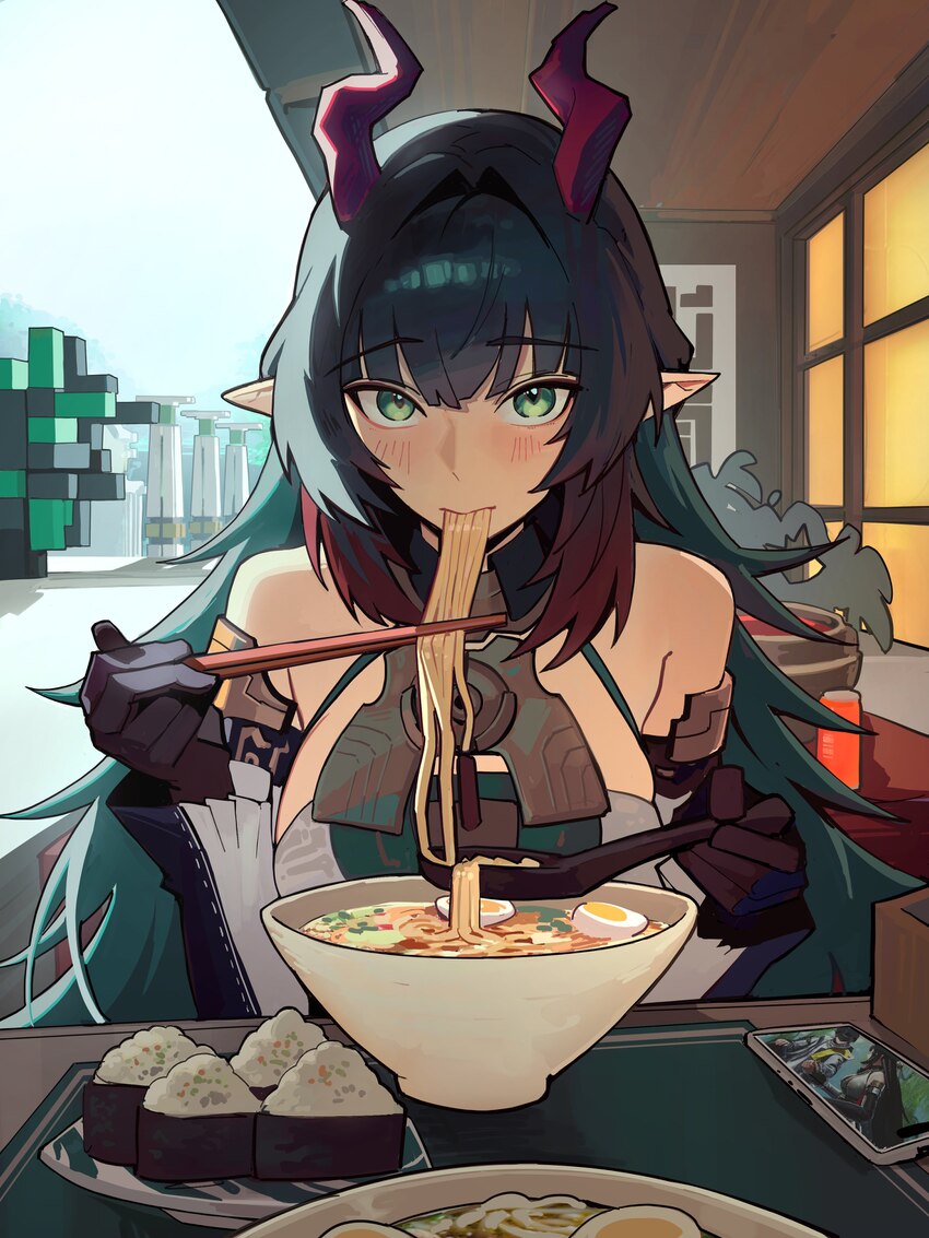 1girl absurdres arknights arknights  endfield bare shoulders black gloves black hair blush bowl breasts cellphone chopsticks colored tips commentary …
