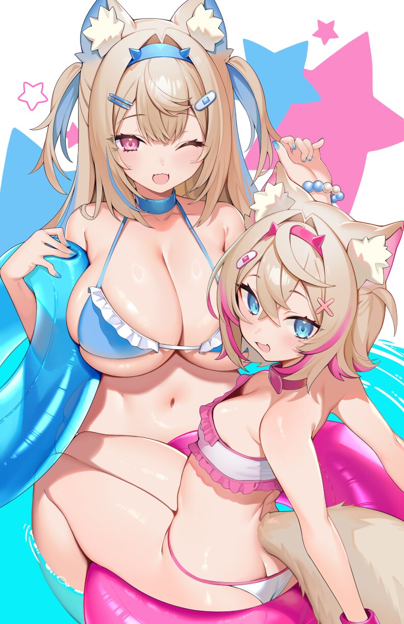 2girls  d alternate costume animal ear fluff animal ears ass bandaid bandaid hair ornament bead bracelet beads bikini blonde hair blue bikini blue co…