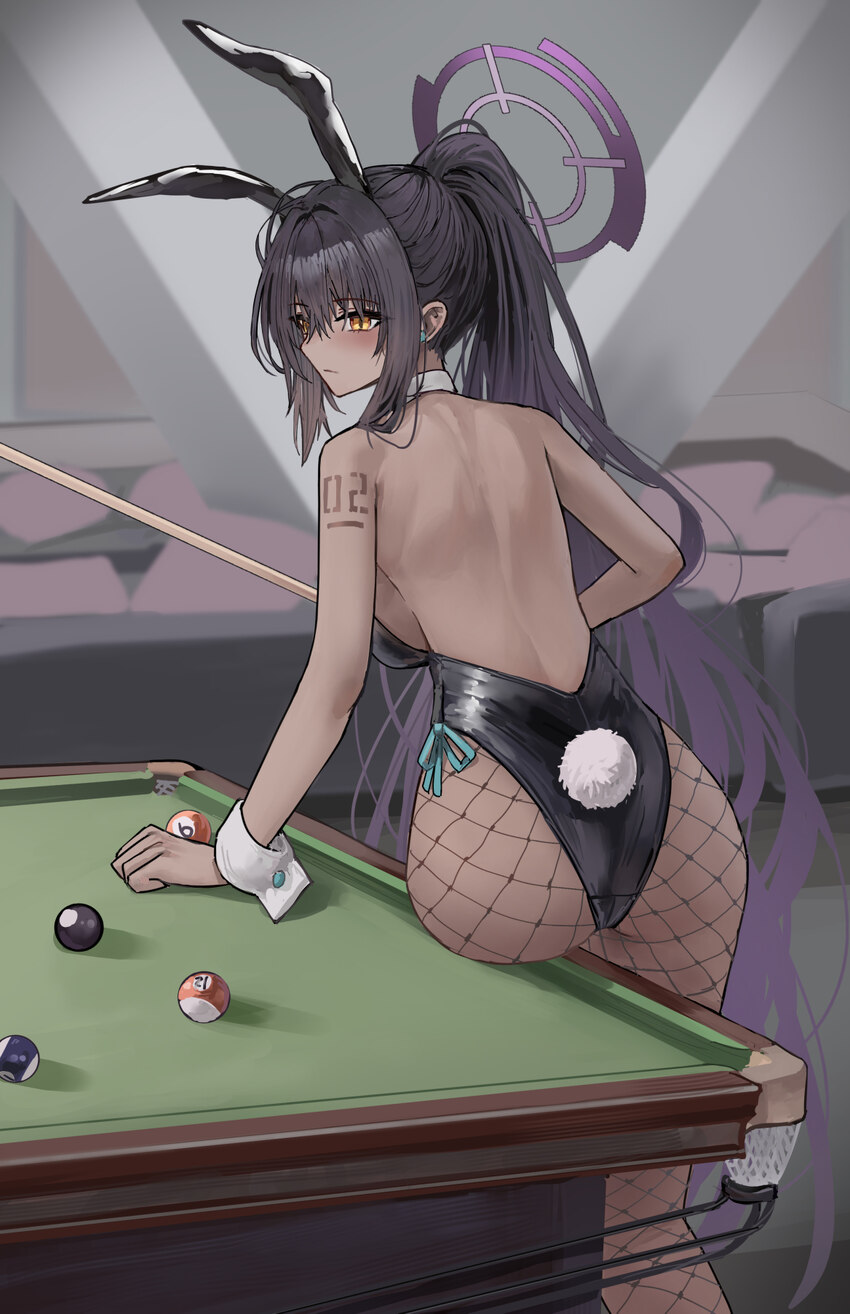 1girl absurdres animal ears arm tattoo ass ball billiard ball billiard table billiards black hair blue archive breasts commentary cue stick dark-skin…