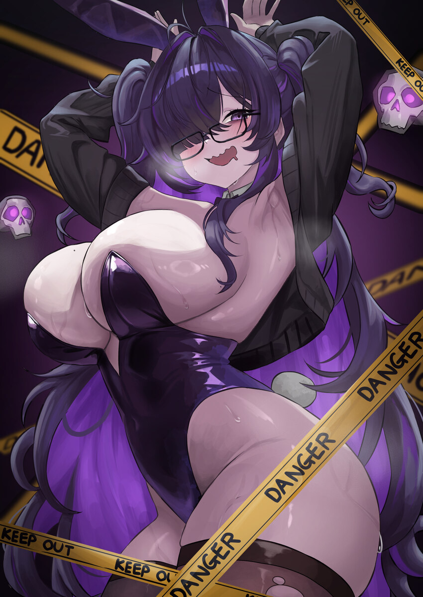 1girl absurdres animal ears armpits arms behind head arms up bare shoulders black jacket black thighhighs blush breasts caution tape cleavage comment…