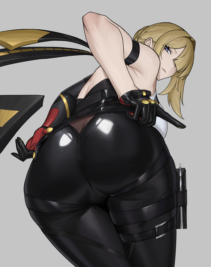 1girl absurdres arm strap armpit crease ass ass focus asymmetrical gloves black gloves blonde hair butt crack closed mouth commentary request elbow g…