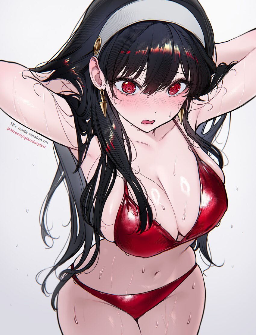 1girl @ @ absurdres adjusting hair alternate costume armpits arms behind head arms up bikini black hair blush breasts cleavage commentary request ear…