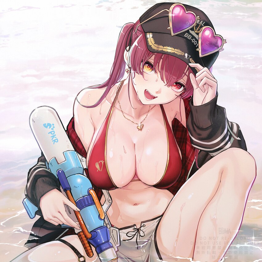 1girl a-ka baseball cap beach bikini breasts cleavage commentary request earrings eyewear on head hat heterochromia highres holding holding water gun…