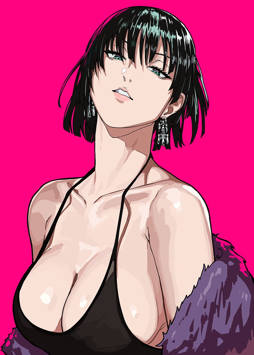 1girl absurdres bare shoulders black dress black hair blunt bangs breasts cleavage collarbone commentary dress earrings feather boa fubuki (one-punch…