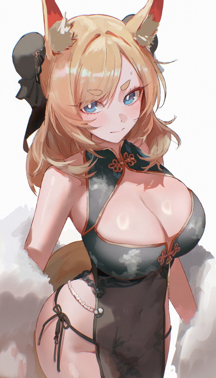 1girl absurdres animal ears arknights black dress black panties blonde hair blue eyes blush breasts bun cover chinese clothes cleavage commentary req…