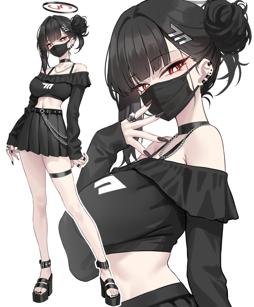1girl absurdres alternate costume alternate hairstyle bare shoulders black choker black hair black halo black mask black nails black sandals black sh…