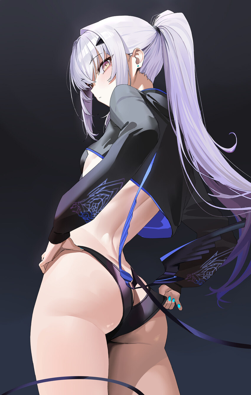 1girl ass bikini black bikini black jacket black wings breasts commentary request earrings fate/grand order fate (series) high ponytail highres jacke…