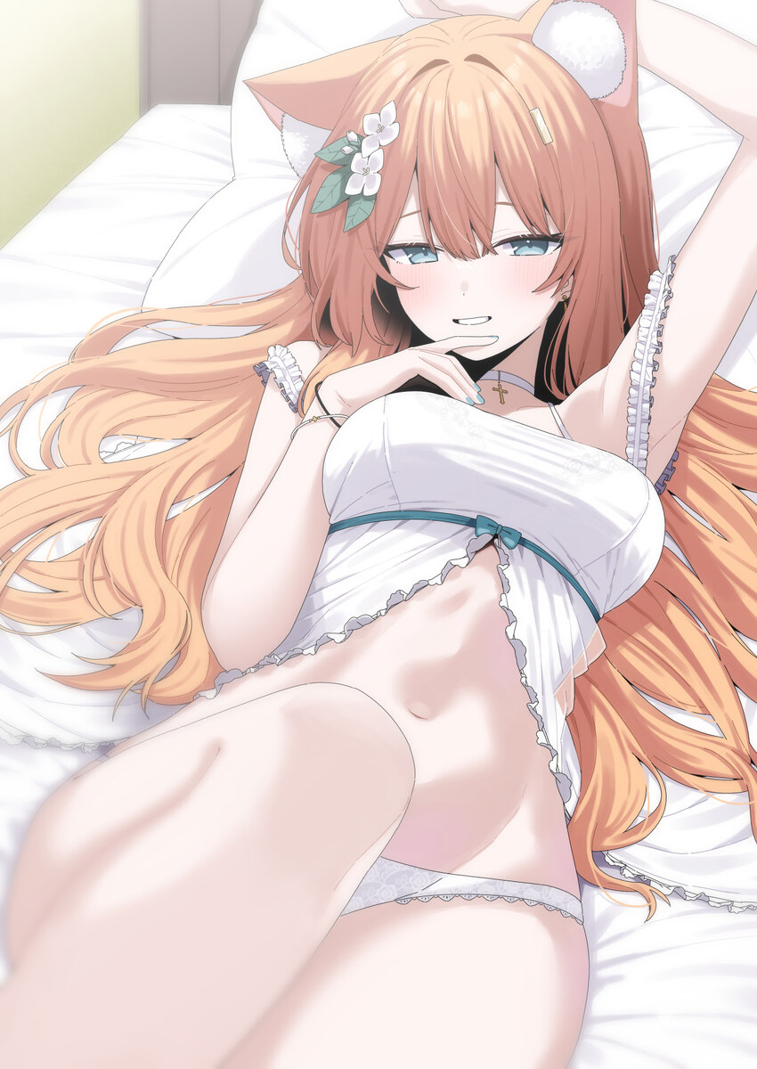 1girl absurdres alternate costume alternate hairstyle animal ear fluff animal ears arms up b.t. (boob tong) bed blue archive blue eyes blue nails bre…