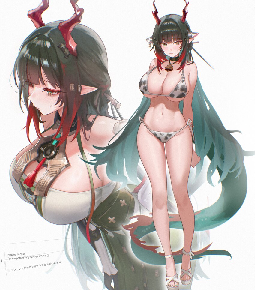 1girl absurdres alternate costume animal print arknights arknights  endfield bikini black hair breasts cleavage closed mouth commentary request cow p…