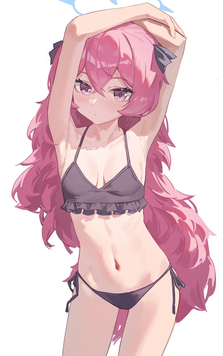 1girl absurdres armpits arms up bikini black bikini blue archive blue halo blush breasts chinese commentary closed mouth commentary request cowboy sh…