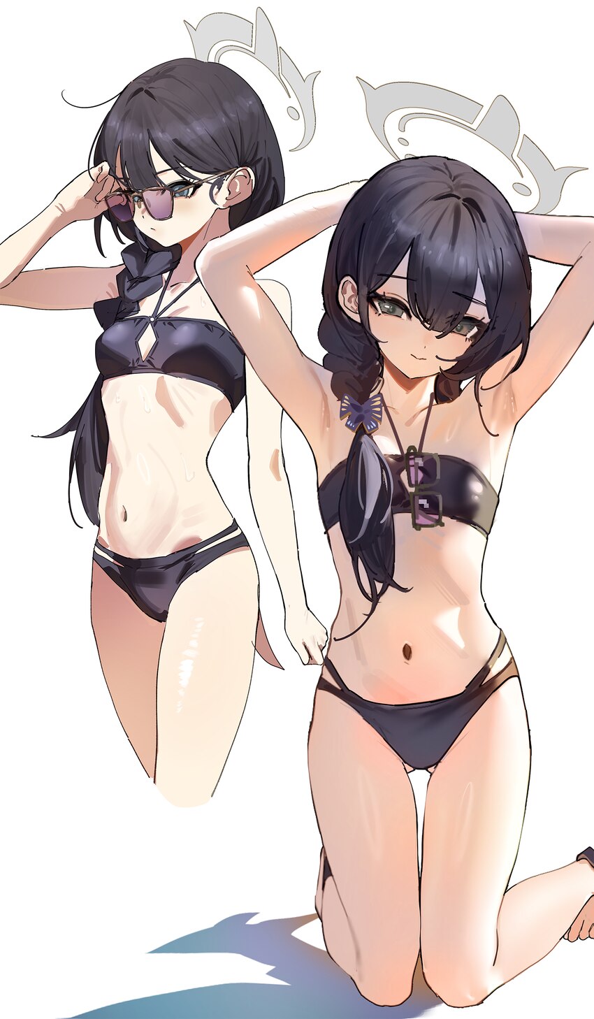 1girl absurdres armpits barefoot bikini black bikini black hair blue archive breasts commentary eyewear hang grey eyes grey halo halo highres kisaki …