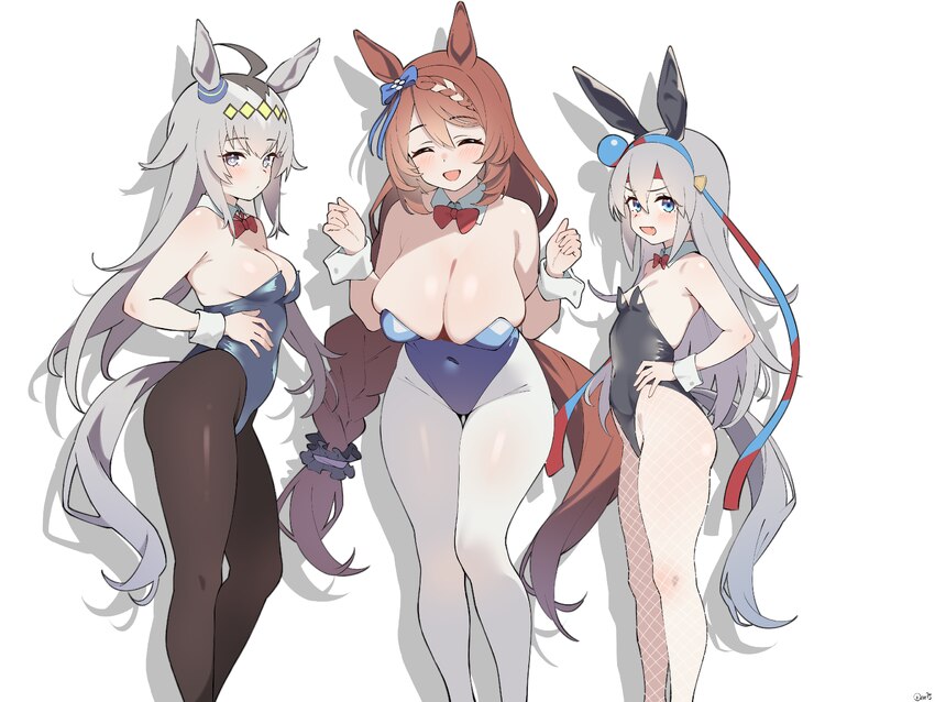 3girls absurdres ahoge animal ears bare shoulders black leotard black pantyhose blue eyes blue hairband blue leotard blush bow bowtie braid breasts b…