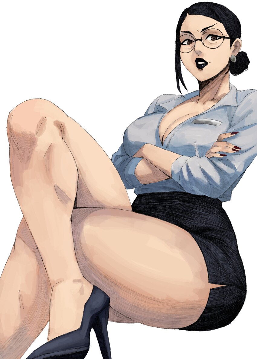 1girl absurdres alternate breast size (larger) black hair black lips black nails black shoes black skirt breasts cleavage crossed arms crossed legs d…