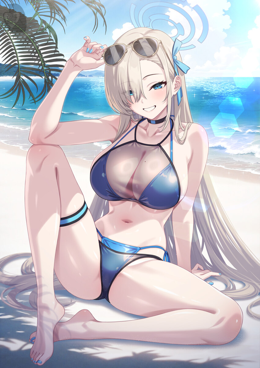 1girl arm on knee arm support arm up asuna (blue archive) asuna (c108 swimsuit) (blue archive) bare shoulders barefoot beach bikini black choker blon…