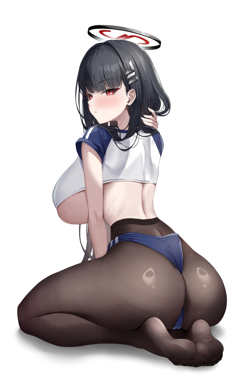 1girl absurdres alternate costume ass barefoot black hair blue archive blue buruma breasts bright pupils buruma closed mouth commentary feet from beh…
