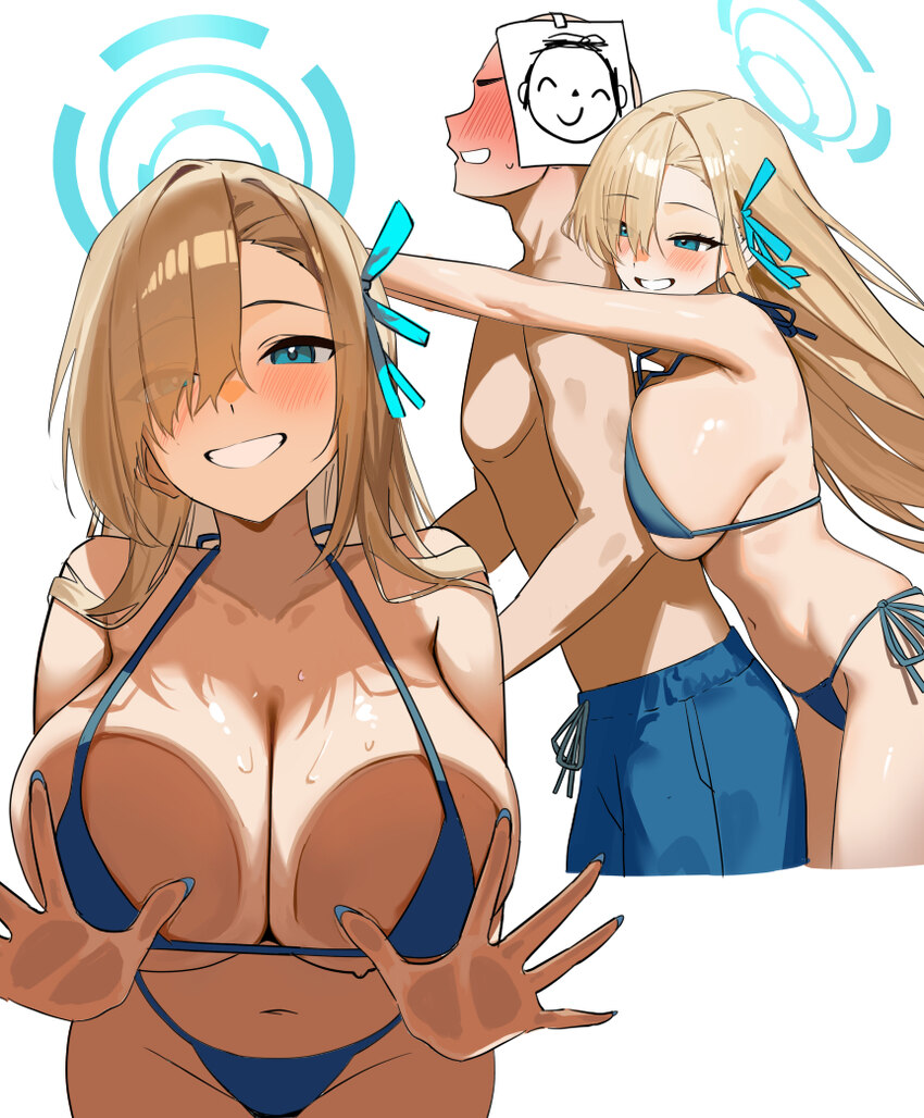 1boy 1girl asuna (blue archive) bare shoulders bikini blonde hair blue archive blue bikini blue eyes blue halo blue shorts blush breast press breasts…