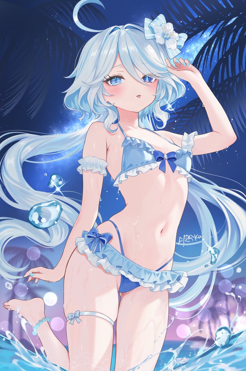 1girl  p ahoge barefoot bikini blue bikini blue bow blue eyes blue hair blue nails blue pupils blush bow breasts commentary request fingernails furin…